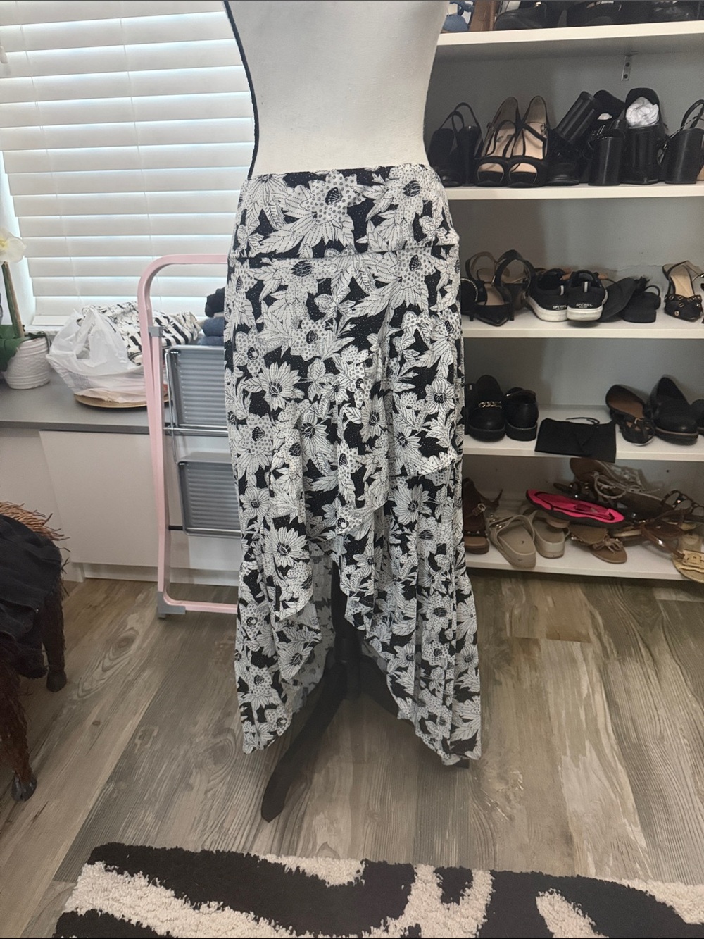 Black & White Floral High-Low Maxi Skirt